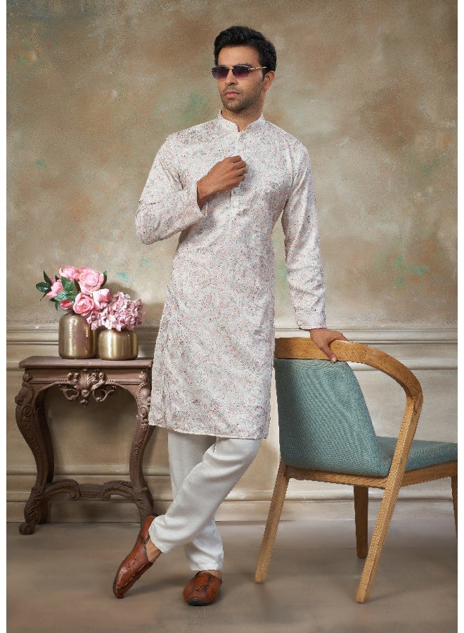 OUTLUK White Embroidered Kurta with Cotton Pajama for Men - Image 3